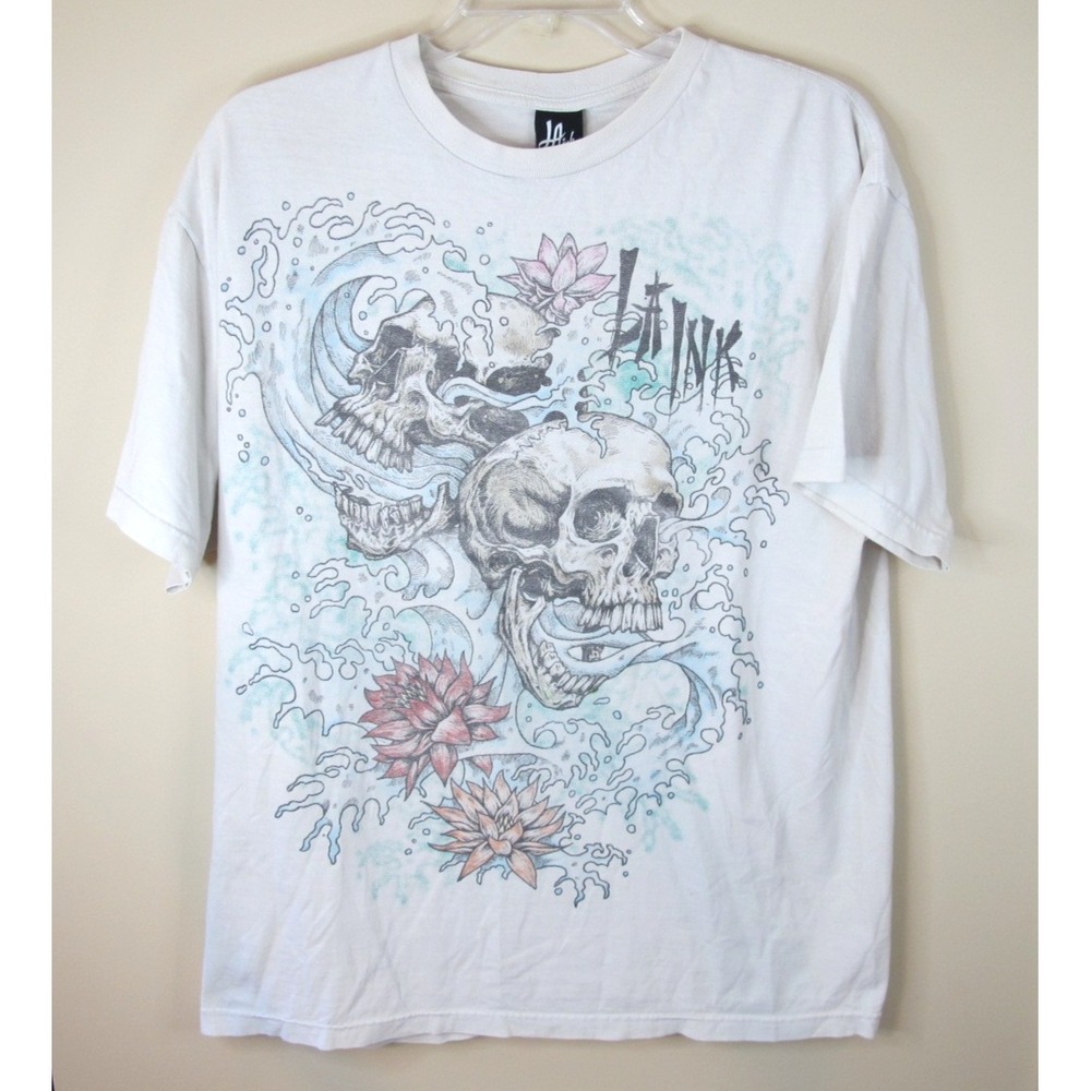 LA Ink Men's Extra Large White Skull Tattoo Graphic Edgy Tee‎ Y2K